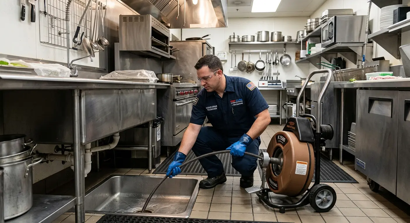 Commercial drain cleaning service in a restaurant kitchen in Swartz Creek