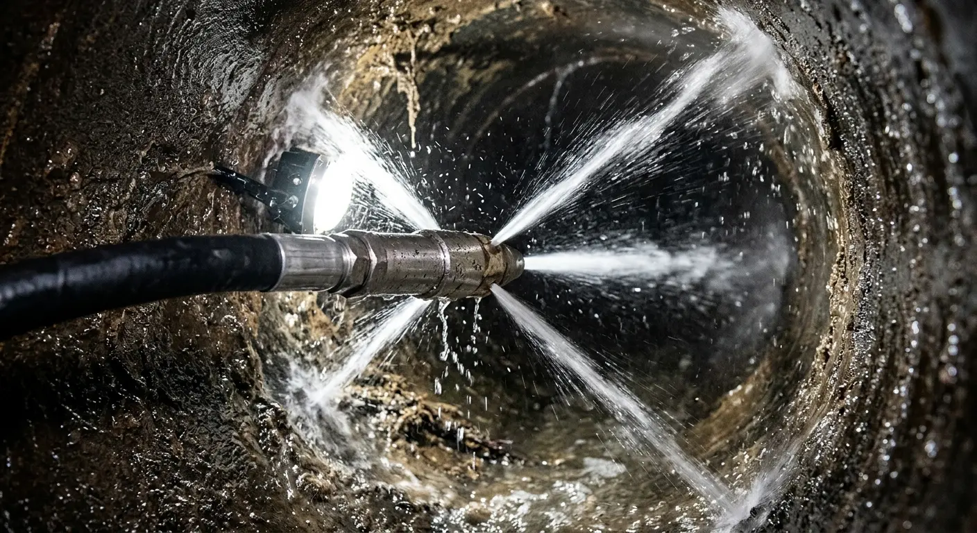 High-pressure hydro jetting nozzle cleaning sewer pipe for Emergency Drain Service in Swartz Creek