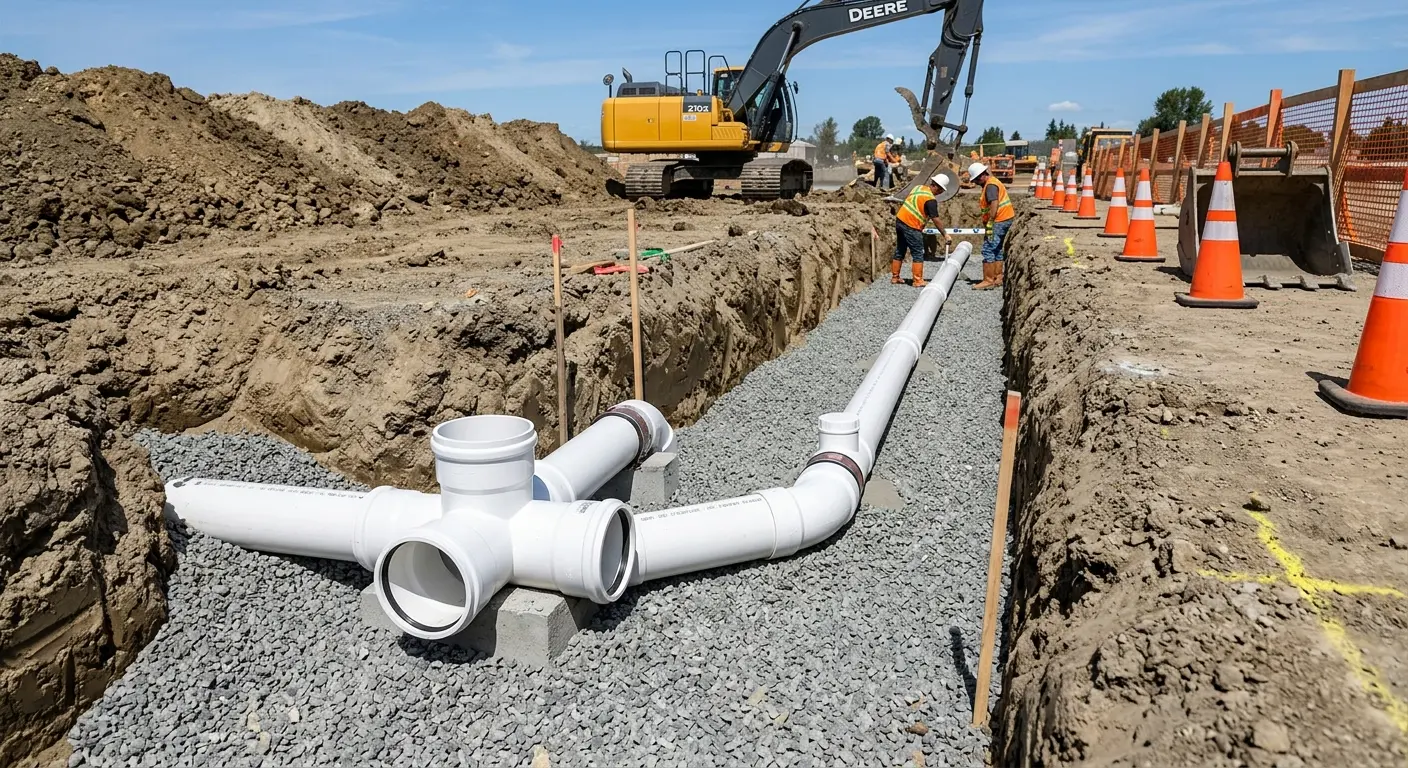 New PVC sewer pipe installation in open trench for Sewer Backup in Swartz Creek