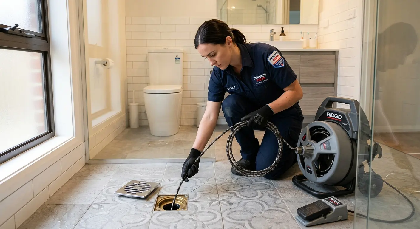Technician clearing a bathroom floor drain for Drain Repair in Swartz Creek